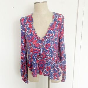 VICI Blue Red Pink Floral Print Button‎ Tie Long Sleeve Blouse Size Medium